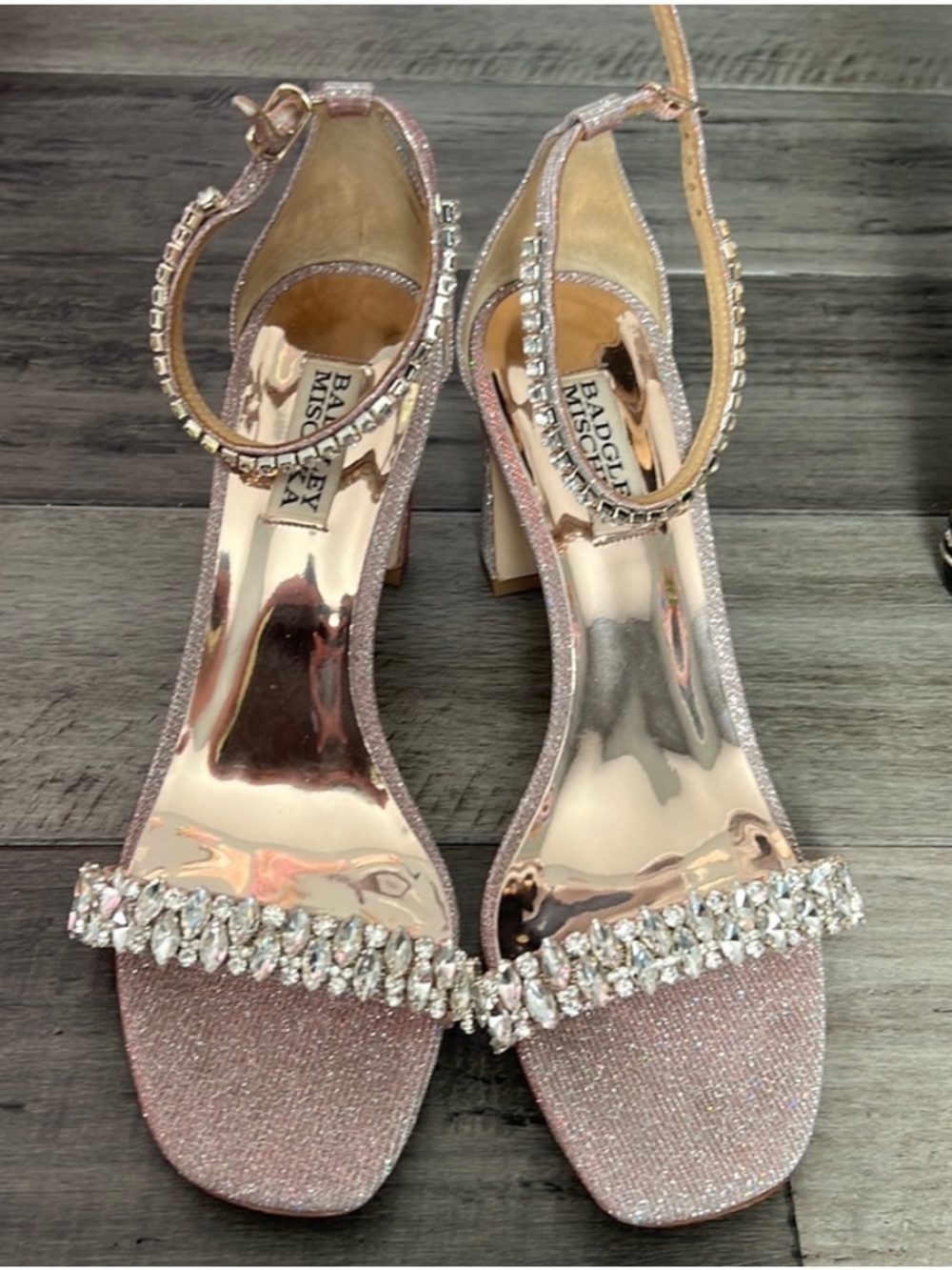Badgley Mischka Rose Gold Crystal Strap Evening  Block Heels